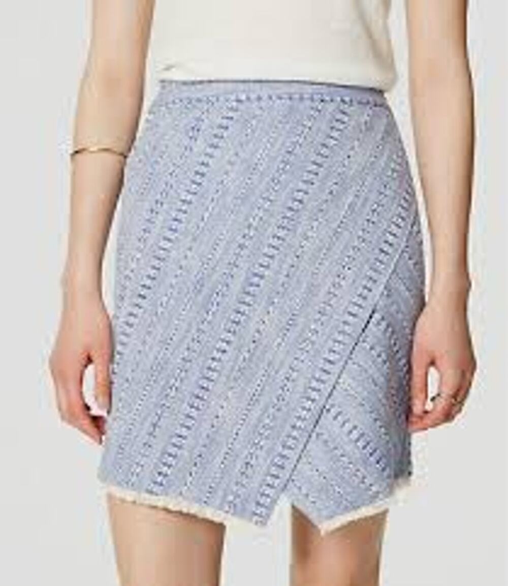 LOFT Linen Blend Skirt Blue White Striped Wrap Fringe Women's Size 2